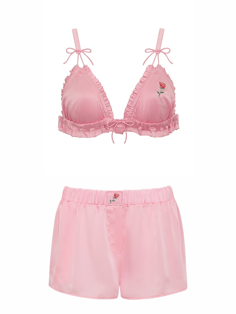 For Love And Lemons Everyday Pink Ruffle Triangle Bralette & Shorts Set